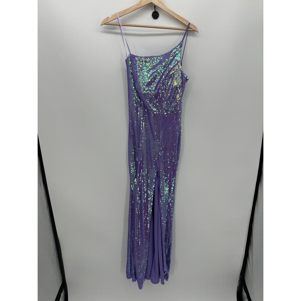 Crystal Doll Juniors Size 3 Purple Sequin Maxi Dress Gown Slit Prom Gala Formal